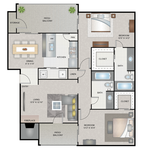 Floor plan for 2 beds, 2 baths, 1141 sqft